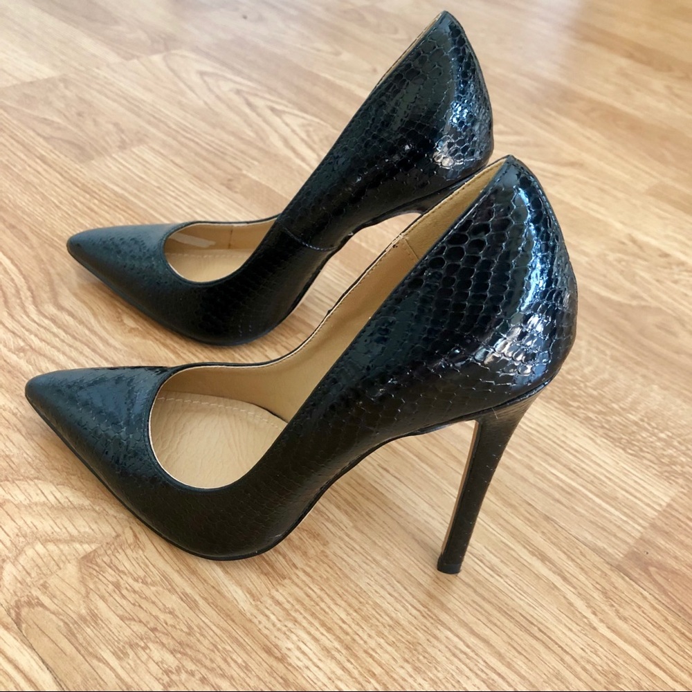 Black Faux Snakeskin Pumps